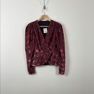 Express Woven Burnout Velvet Chic Burgundy Long Sleeve Floral Faux Wrap Top